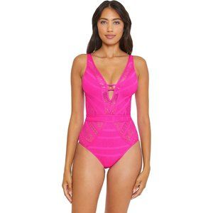 BECCA Rebecca Virtue Color Play Crochet Plunge One-Piece Size L NWT hot pink
